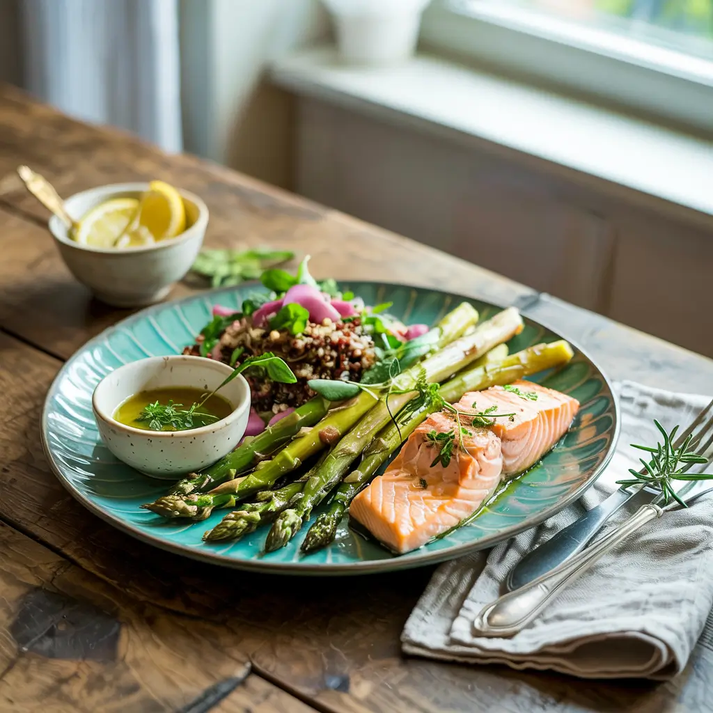 Plate of steamed salmon with asparagus, quinoa salad, and herb sauce, served on a rustic wooden table.