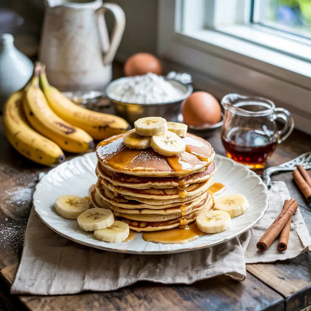 Fluffy banana pancakes 2 Fluffy banana pancakes stacked on a plate with sliced bananas and a drizzle of maple syrup.