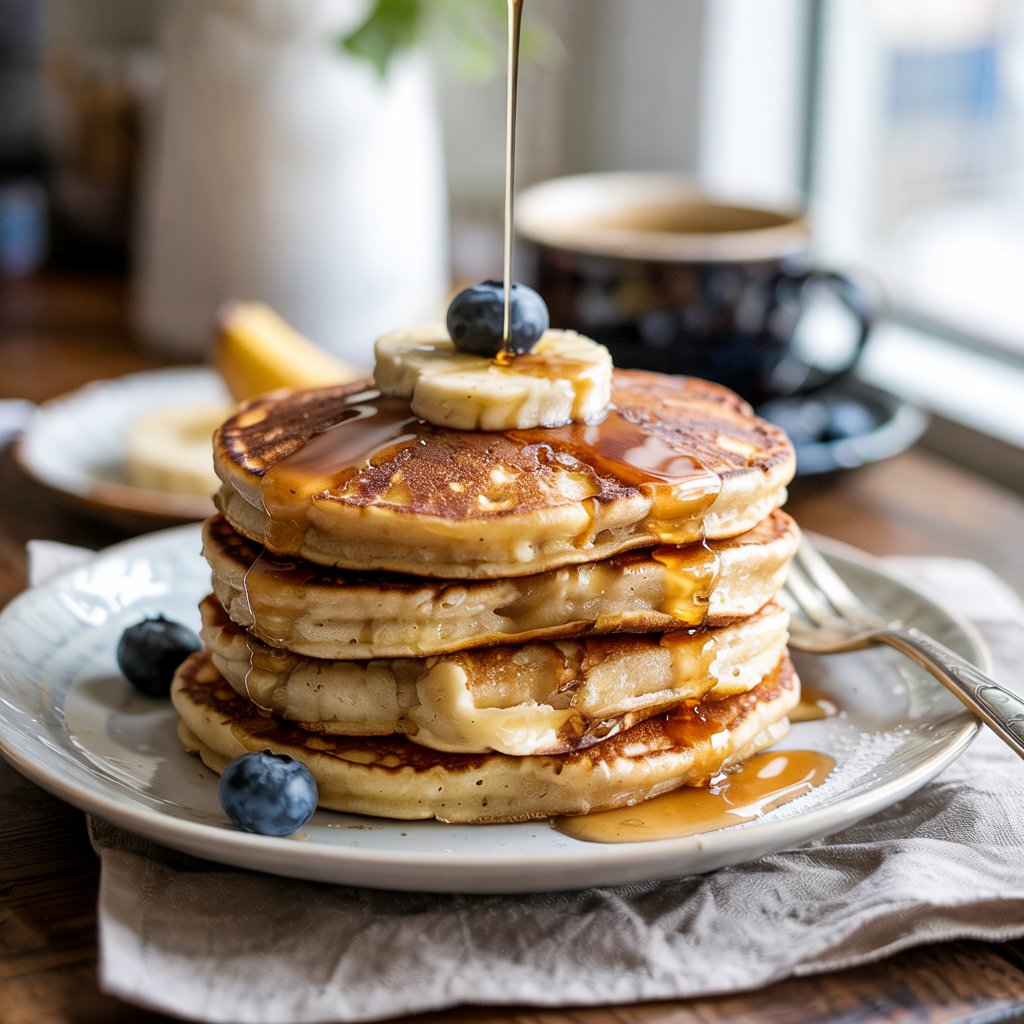 Fluffy banana pancakes 4 Stack of fluffy banana pancakes topped with banana slices and maple syrup on a breakfast table.