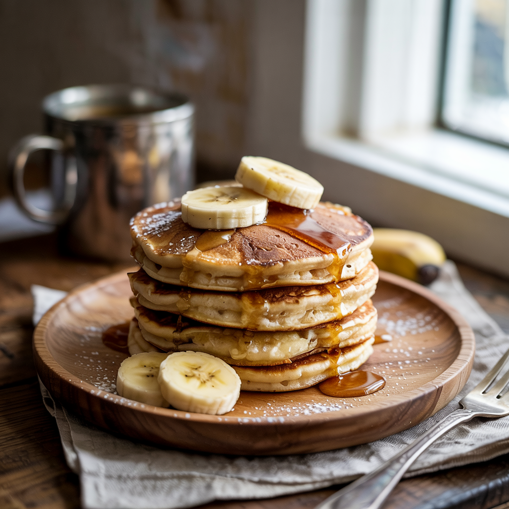 Fluffy banana pancakes 3 Tall stack of fluffy banana pancakes with syrup and blueberries on a rustic breakfast table.